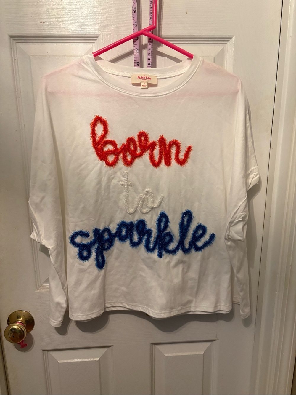 Peach Love California White Tee with Red, Cream & Blue 'Born to Sparkle' Script